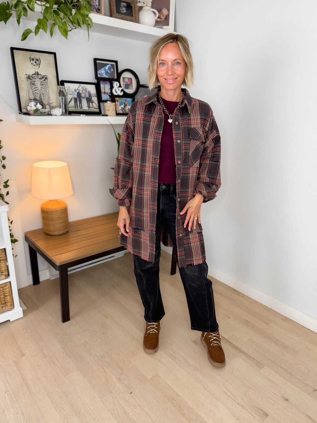 Bonfire Oversized Long Line Washed Plaid Shacket- ASH