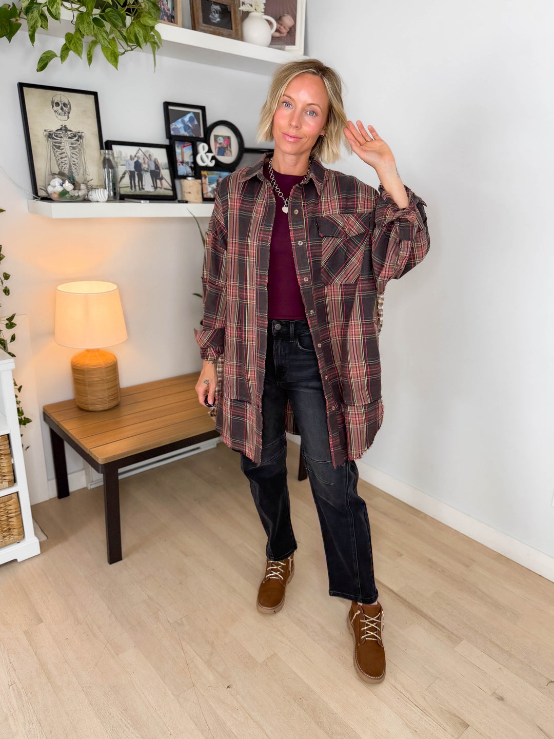 Bonfire Oversized Long Line Washed Plaid Shacket- ASH