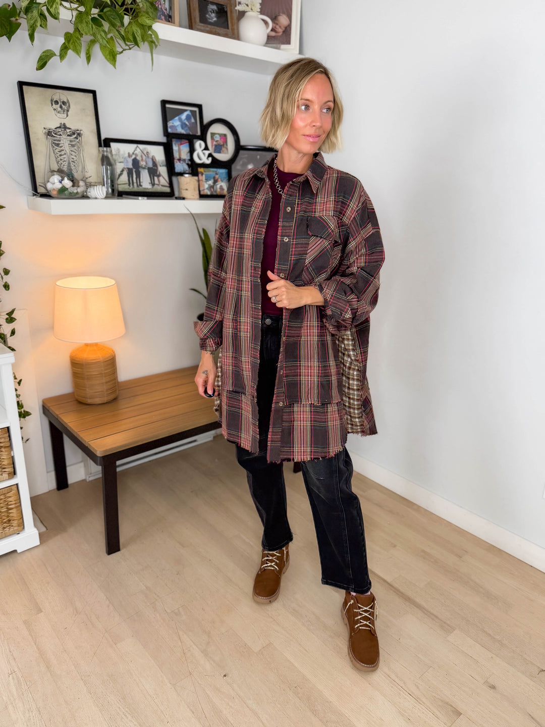 Bonfire Oversized Long Line Washed Plaid Shacket- ASH