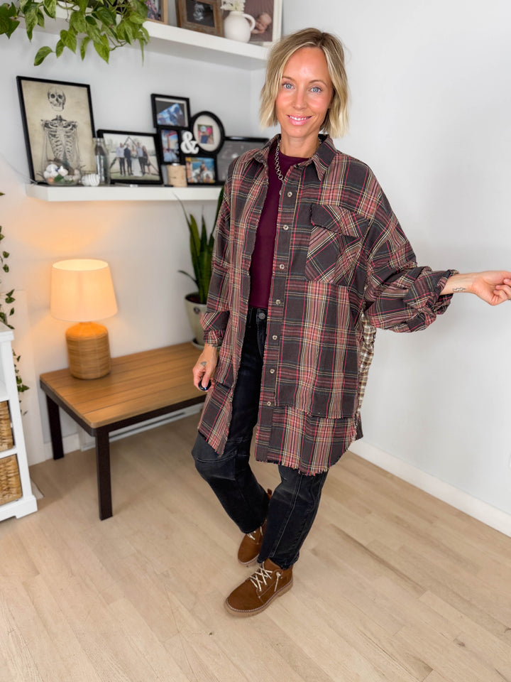 Bonfire Oversized Long Line Washed Plaid Shacket- ASH
