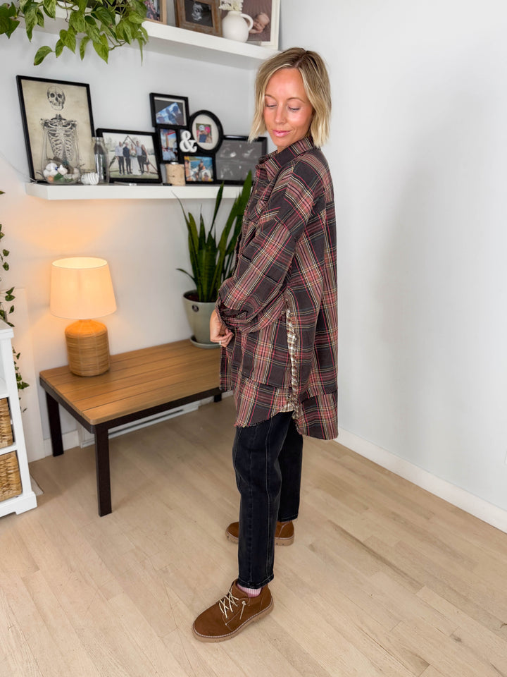 Bonfire Oversized Long Line Washed Plaid Shacket- ASH