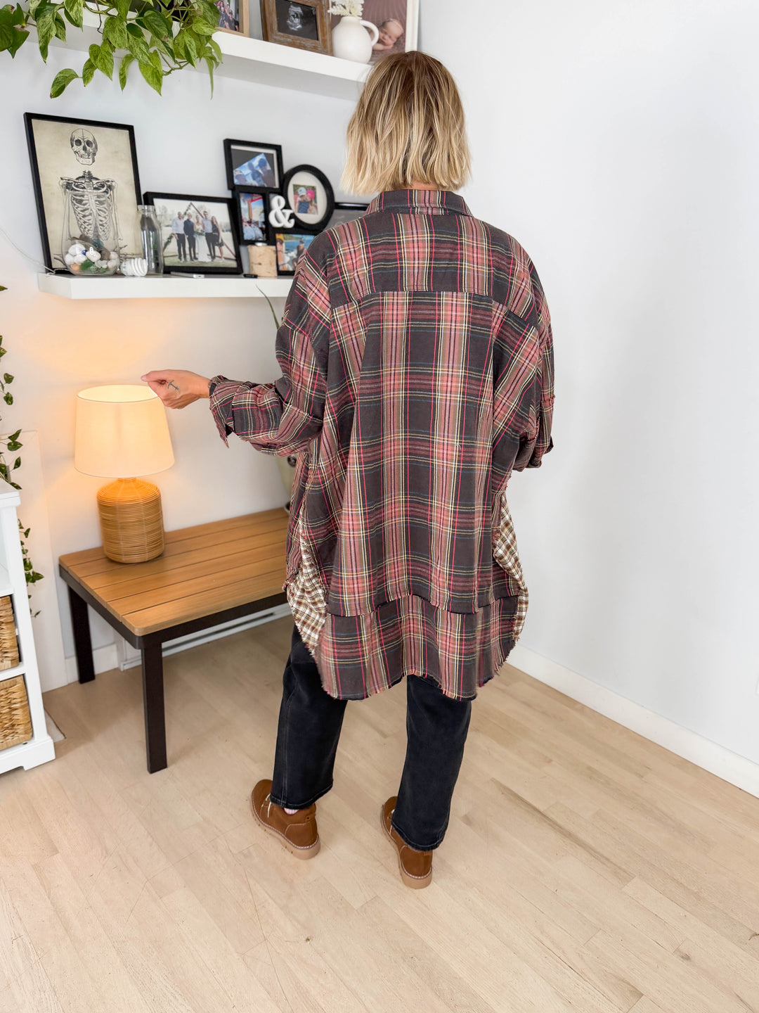 Bonfire Oversized Long Line Washed Plaid Shacket- ASH