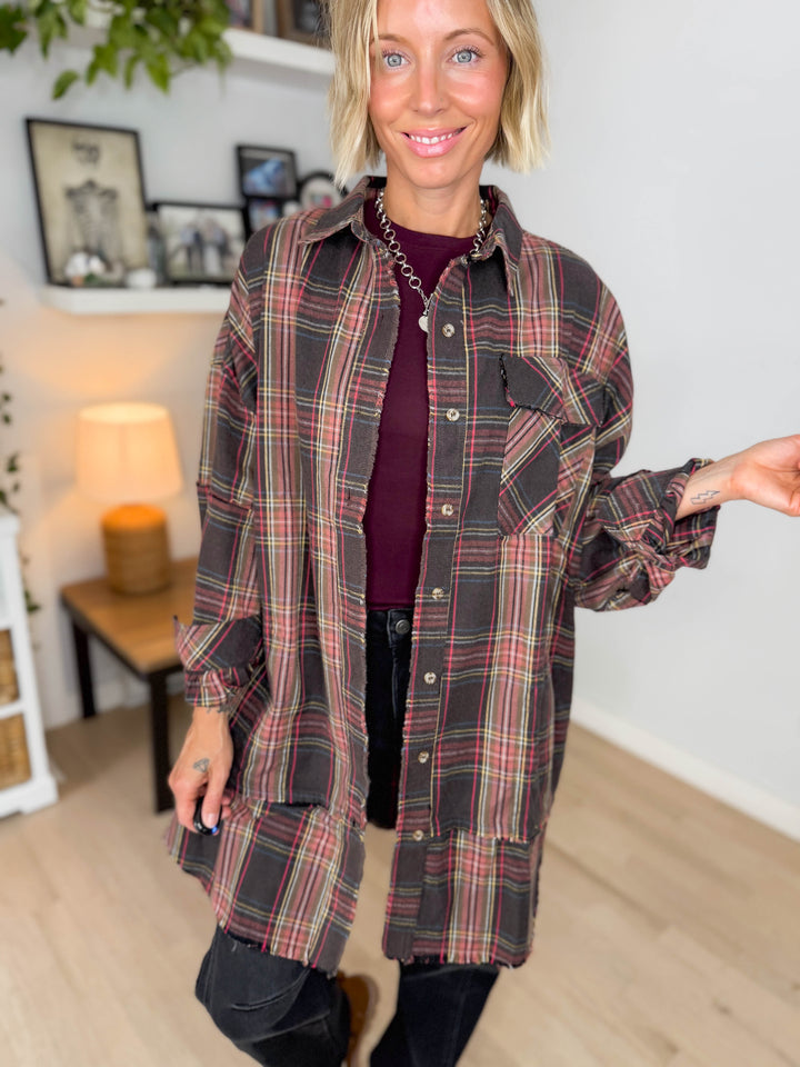 Bonfire Oversized Long Line Washed Plaid Shacket- ASH
