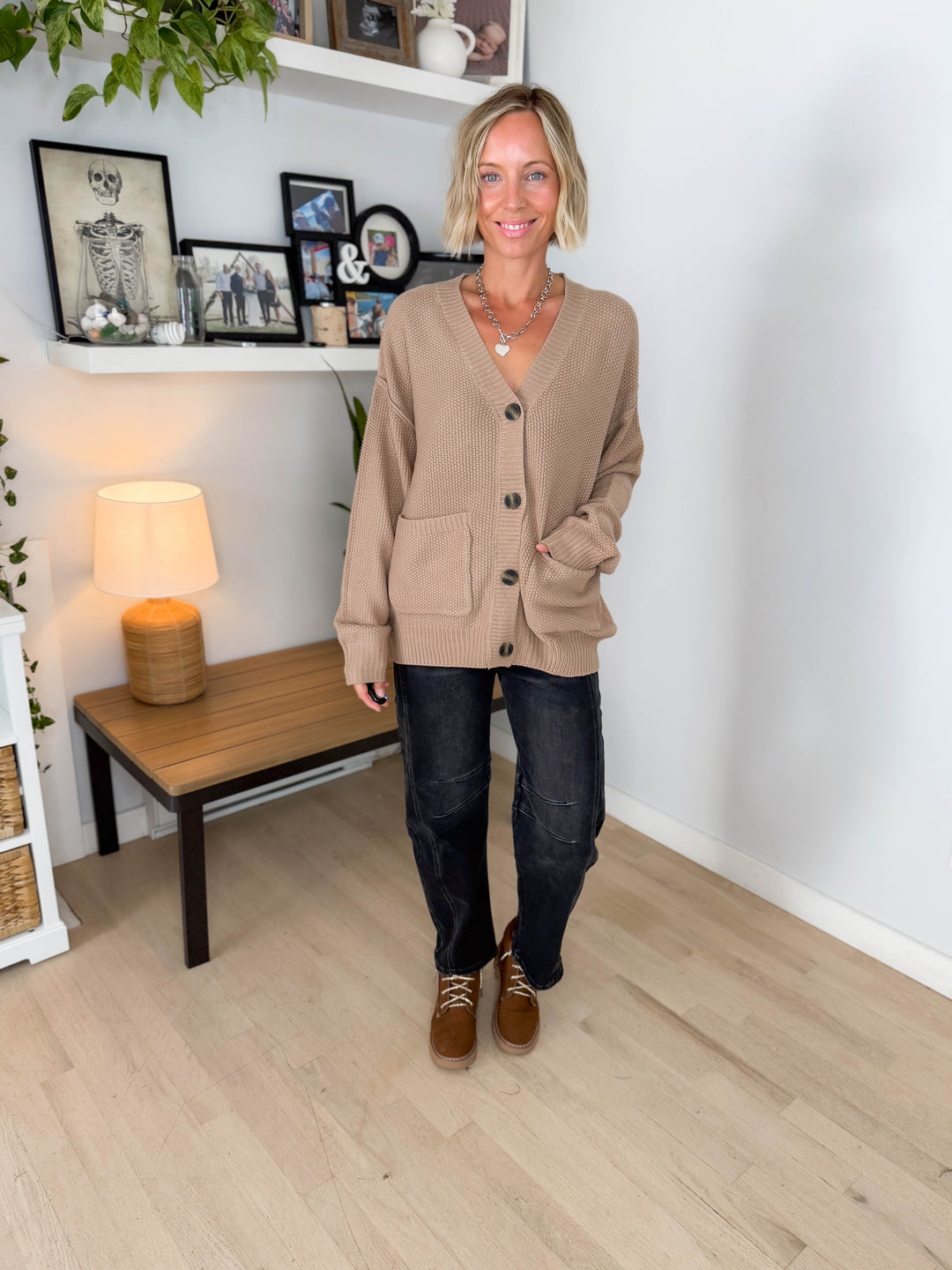 Annabeth Button Down Cardigan- DARK TAUPE