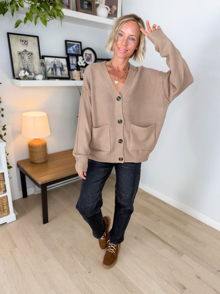 Annabeth Button Down Cardigan- DARK TAUPE