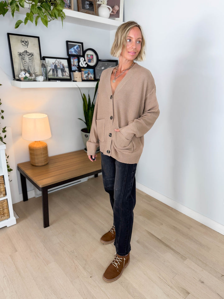 Annabeth Button Down Cardigan- DARK TAUPE