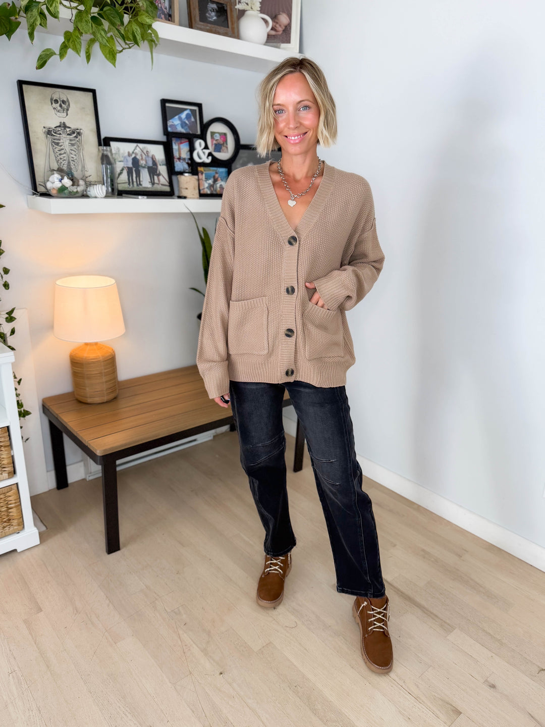 Annabeth Button Down Cardigan- DARK TAUPE