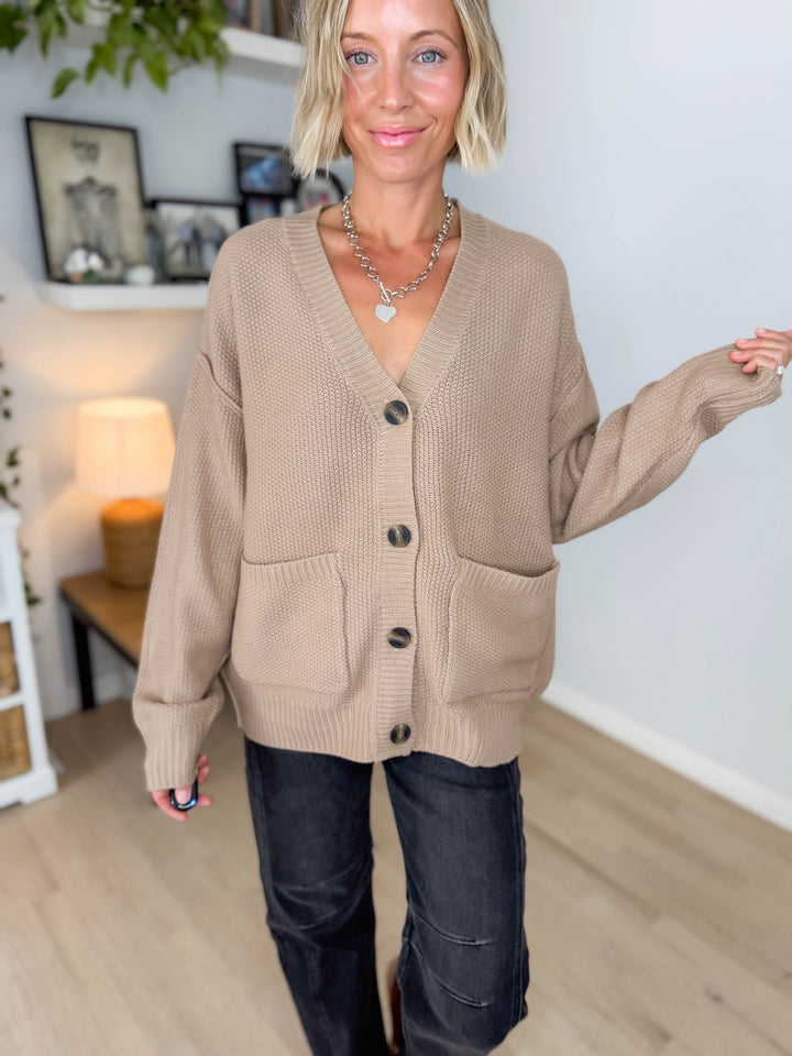 Annabeth Button Down Cardigan- DARK TAUPE
