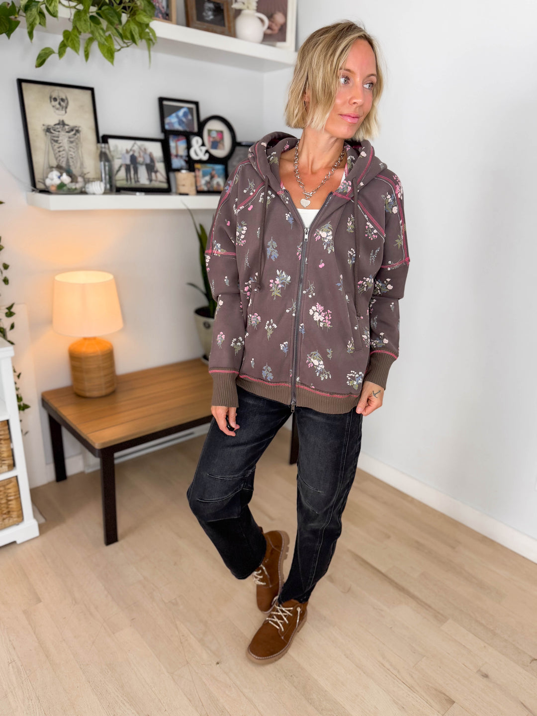 Midnight Microfleece Floral Printed Hoodie- ASH