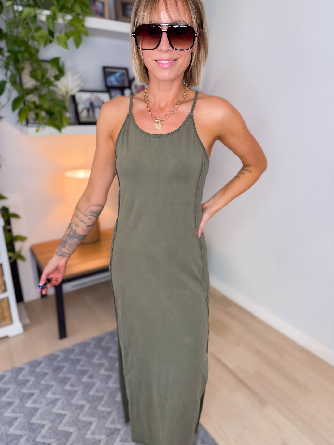 Catalina Mineral Washed Contrast Side Panel Maxi Dress- OLIVE