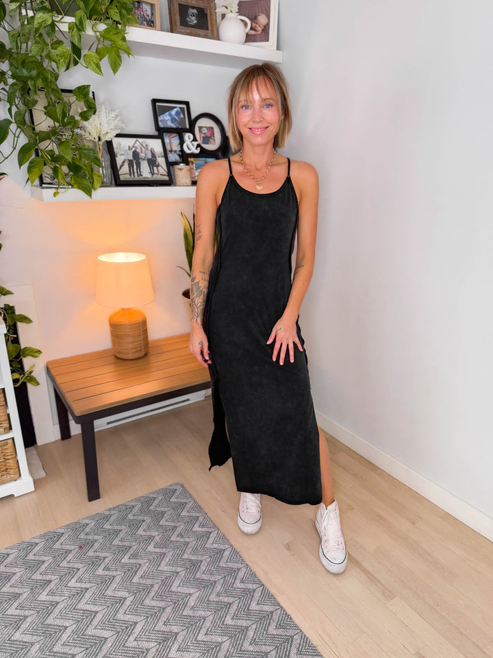 Catalina Mineral Washed Contrast Side Panel Maxi Dress- ASH BLACK