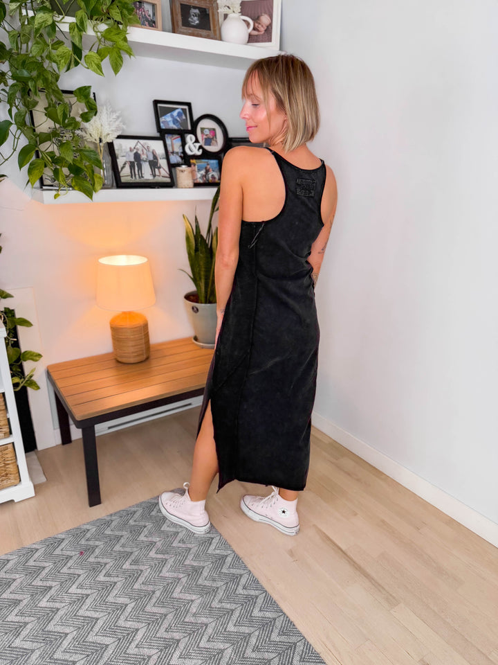 Catalina Mineral Washed Contrast Side Panel Maxi Dress- ASH BLACK