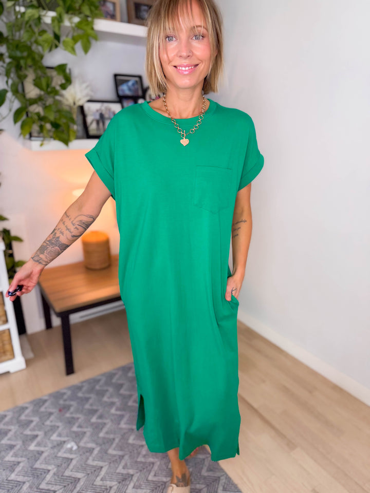 Yara Stretch Cotton Midi Dress- GREEN