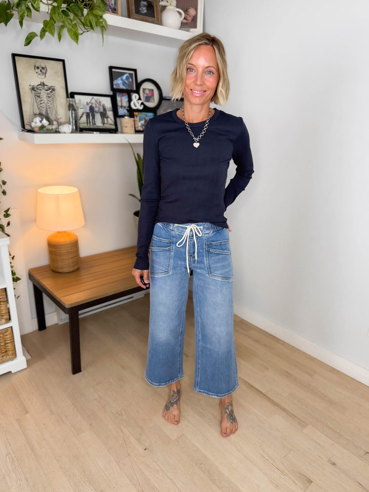 Vervet Oakleaf Tie Waist Wide Leg- MEDIUM WASH