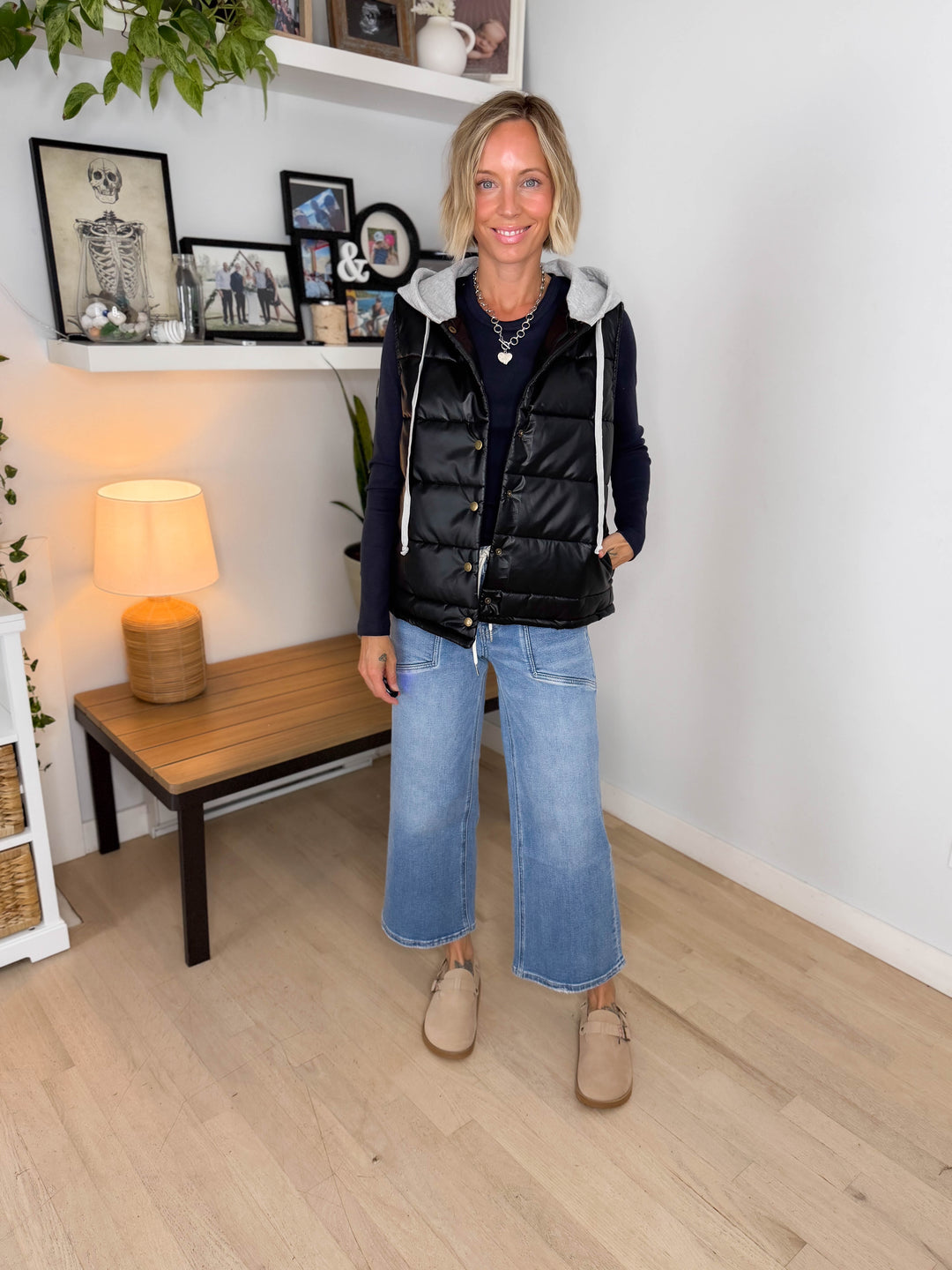 Pumpkin Patch Faux Leather Hoodie Vest- BLACK