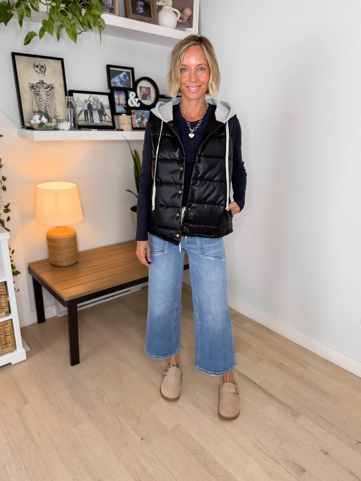 Pumpkin Patch Faux Leather Hoodie Vest- BLACK