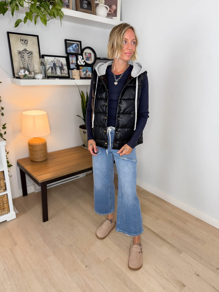 Pumpkin Patch Faux Leather Hoodie Vest- BLACK