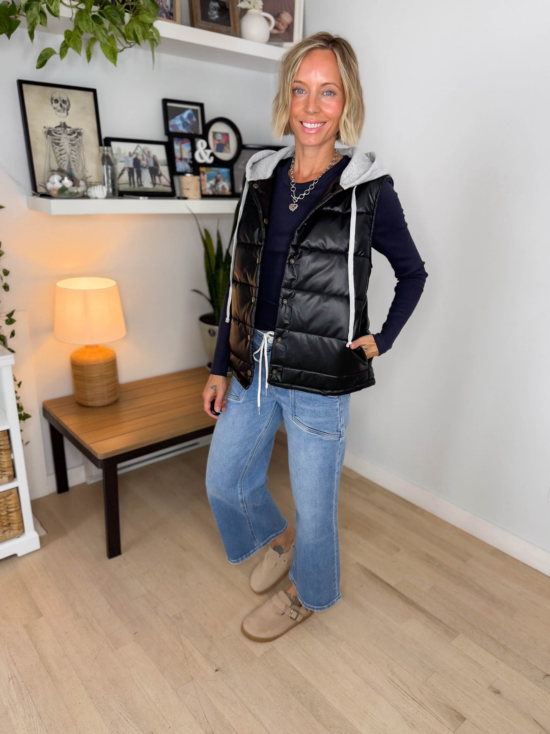 Pumpkin Patch Faux Leather Hoodie Vest- BLACK