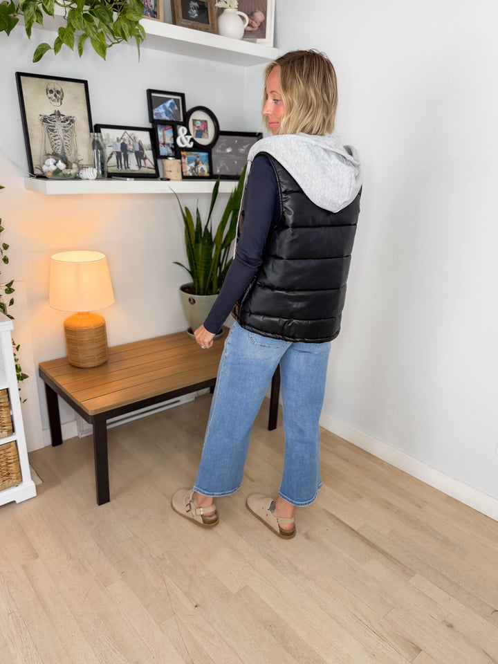 Pumpkin Patch Faux Leather Hoodie Vest- BLACK