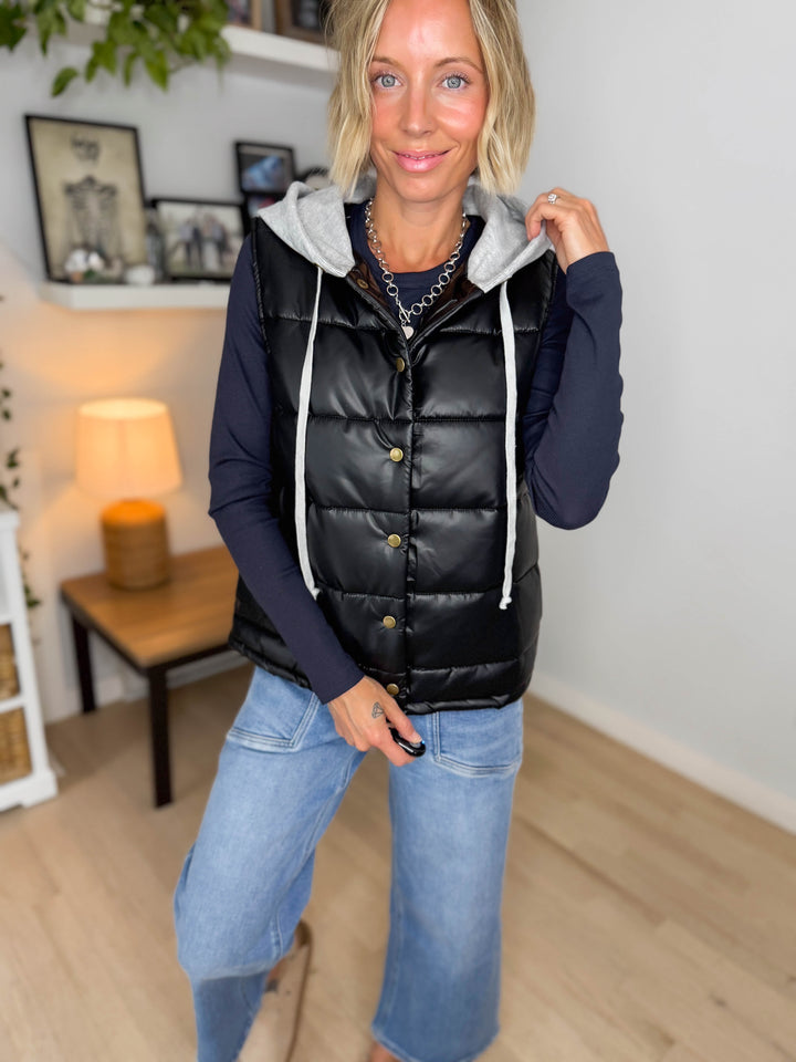 Pumpkin Patch Faux Leather Hoodie Vest- BLACK