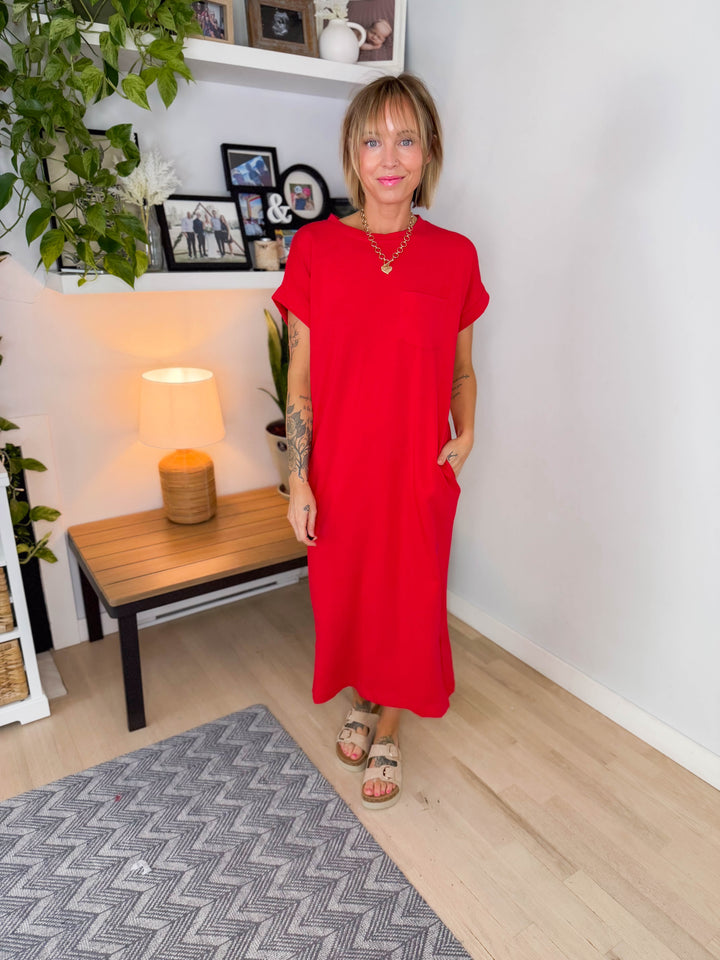 Yara Stretch Cotton Midi Dress- RUBY