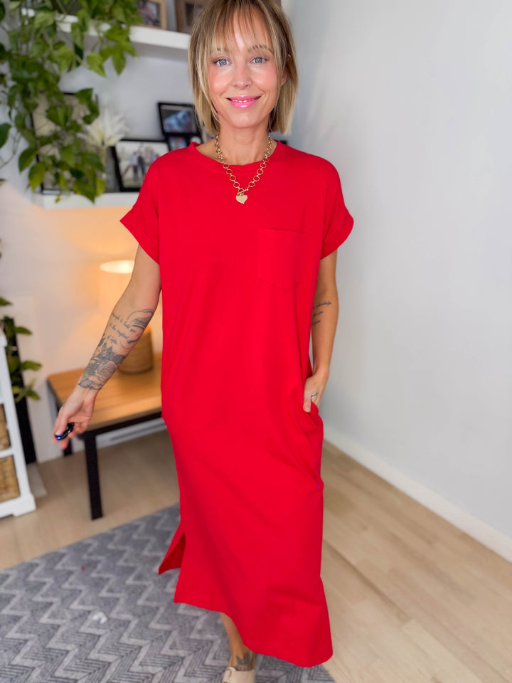 Yara Stretch Cotton Midi Dress- RUBY
