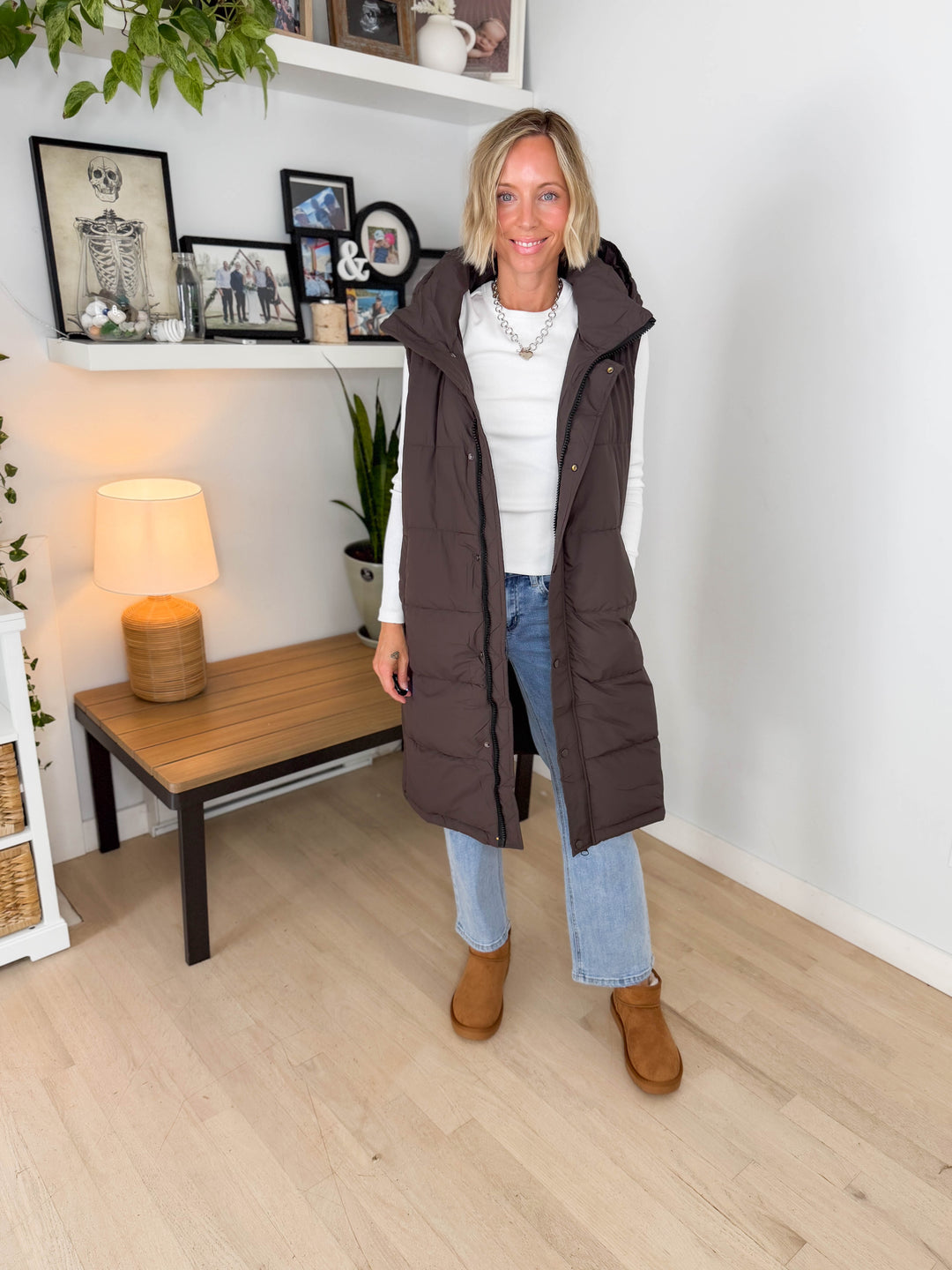Twilight Long Line Quilted Puffer Vest- ASH BROWN