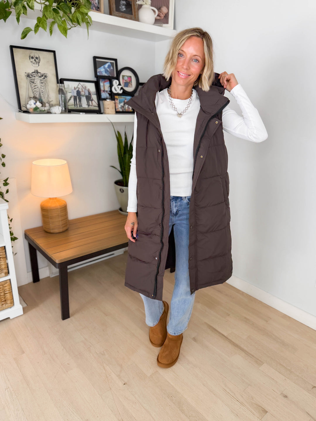 Twilight Long Line Quilted Puffer Vest- ASH BROWN