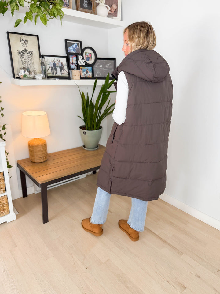 Twilight Long Line Quilted Puffer Vest- ASH BROWN