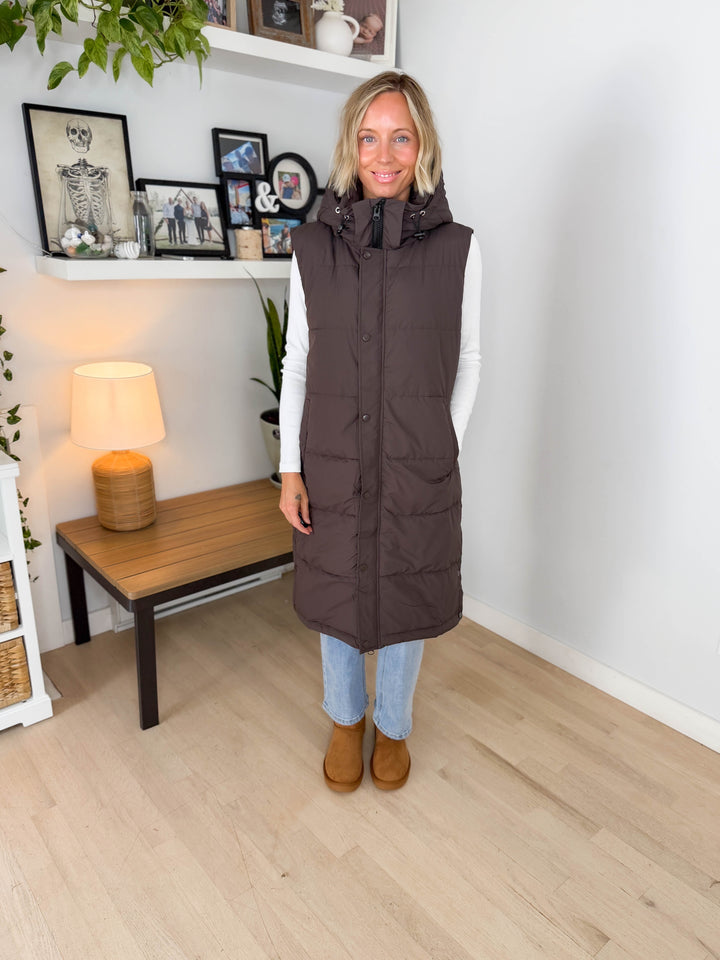 Twilight Long Line Quilted Puffer Vest- ASH BROWN