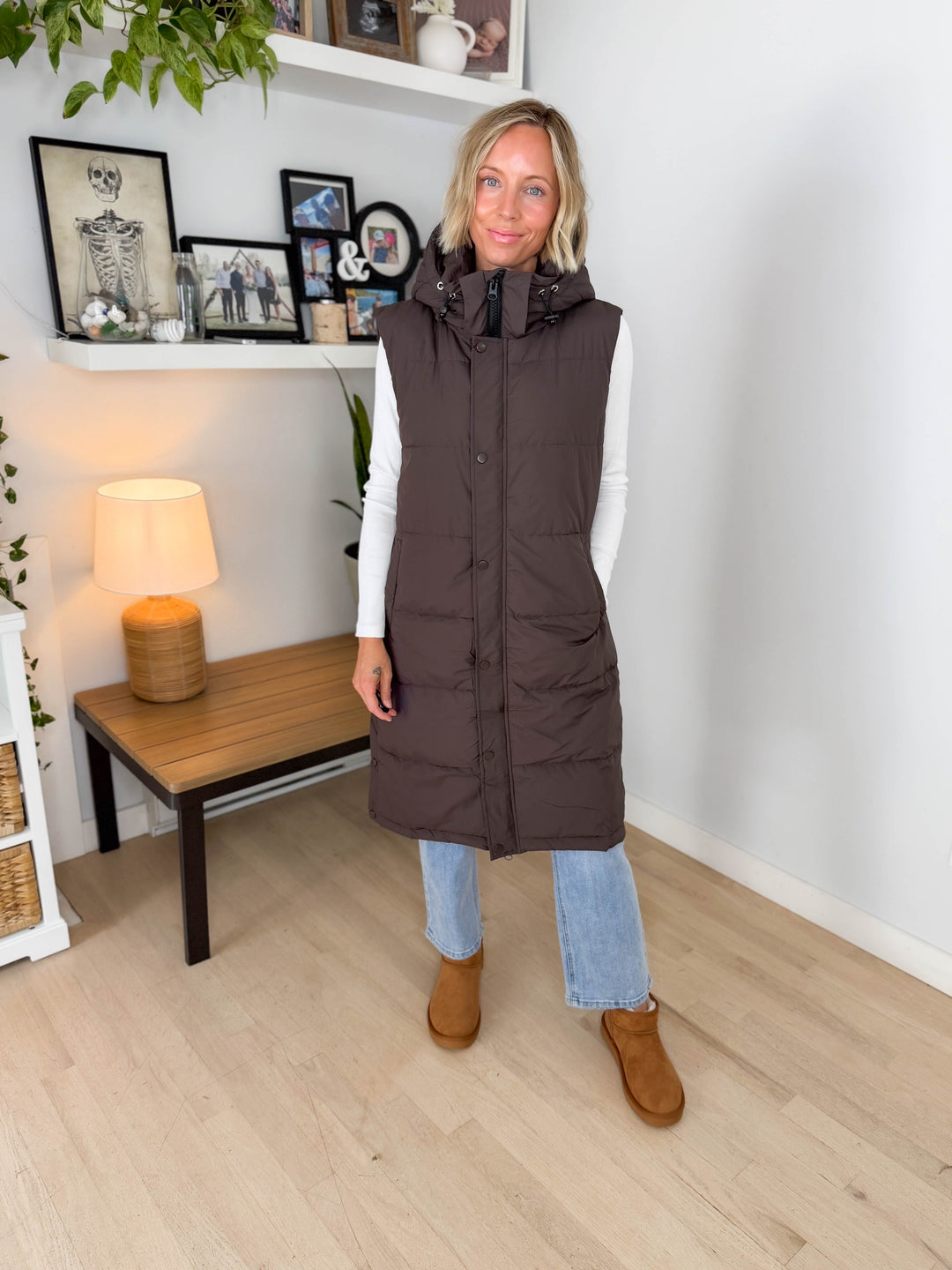 Twilight Long Line Quilted Puffer Vest- ASH BROWN