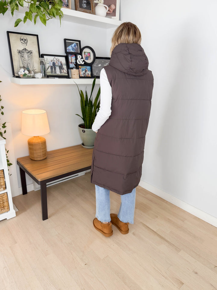 Twilight Long Line Quilted Puffer Vest- ASH BROWN