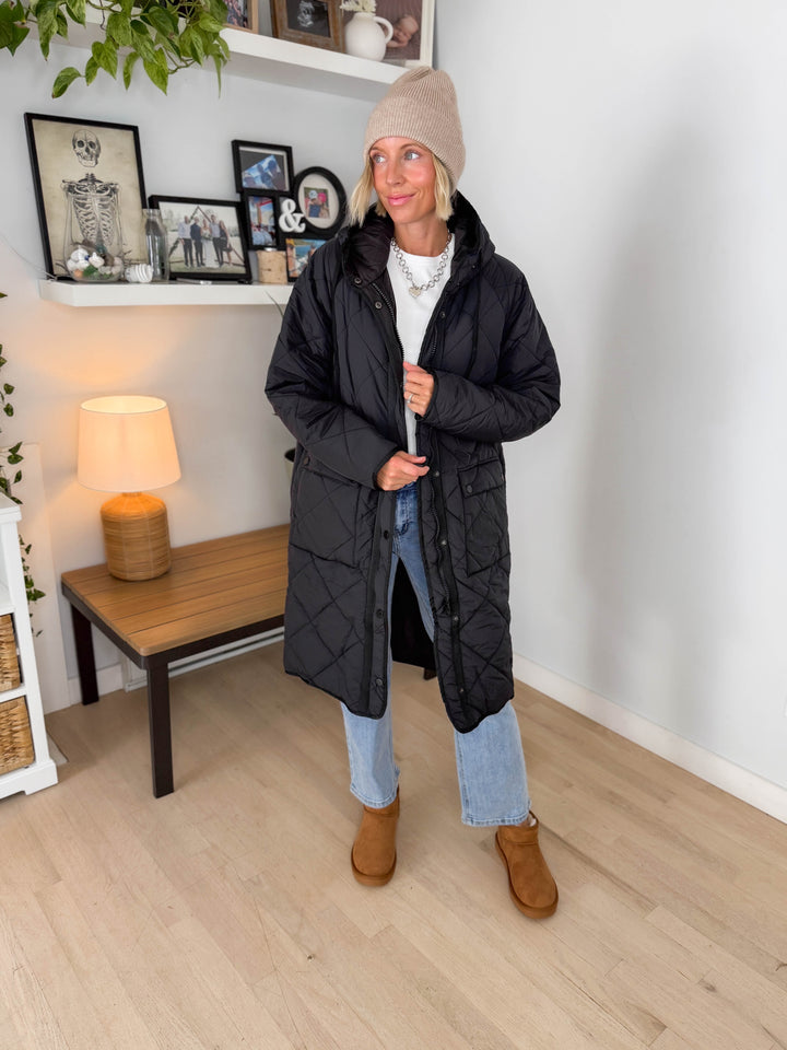 Applewood Long Line Puffer Coat- BLACK