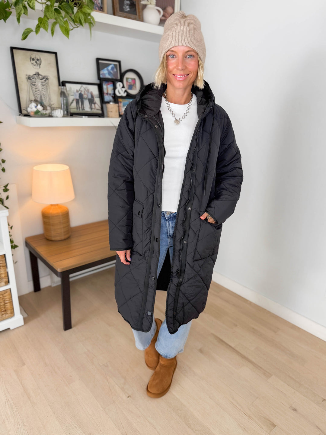 Applewood Long Line Puffer Coat- BLACK