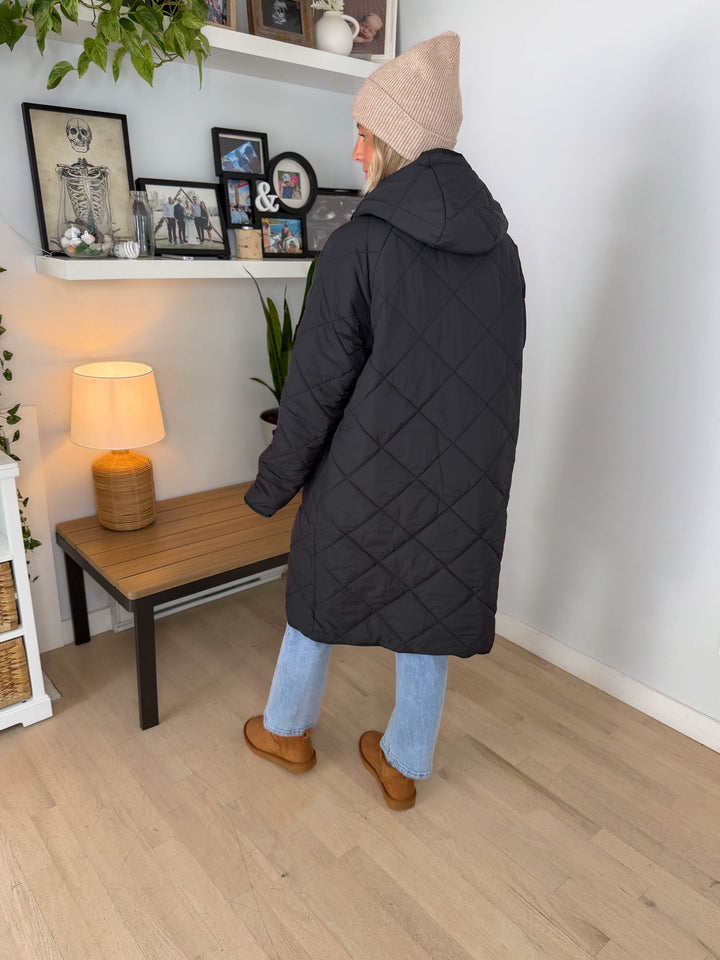 Applewood Long Line Puffer Coat- BLACK