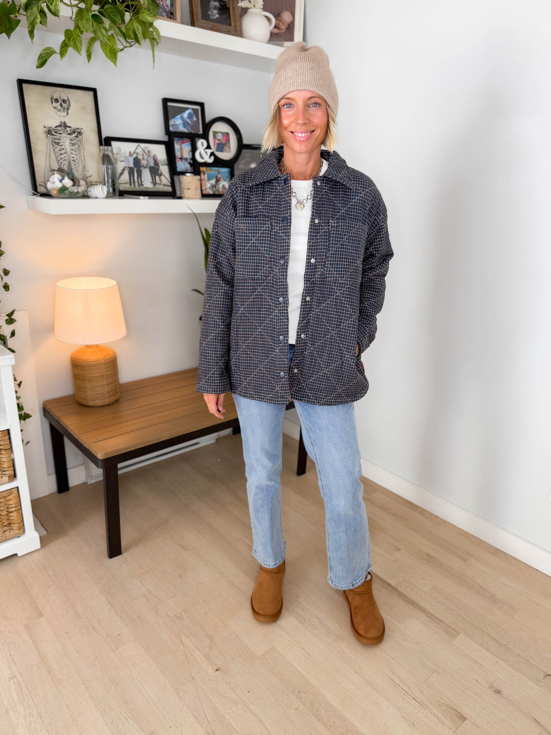 Cozywood Checker Print Puffer Shacket- TWILIGHT BLUE