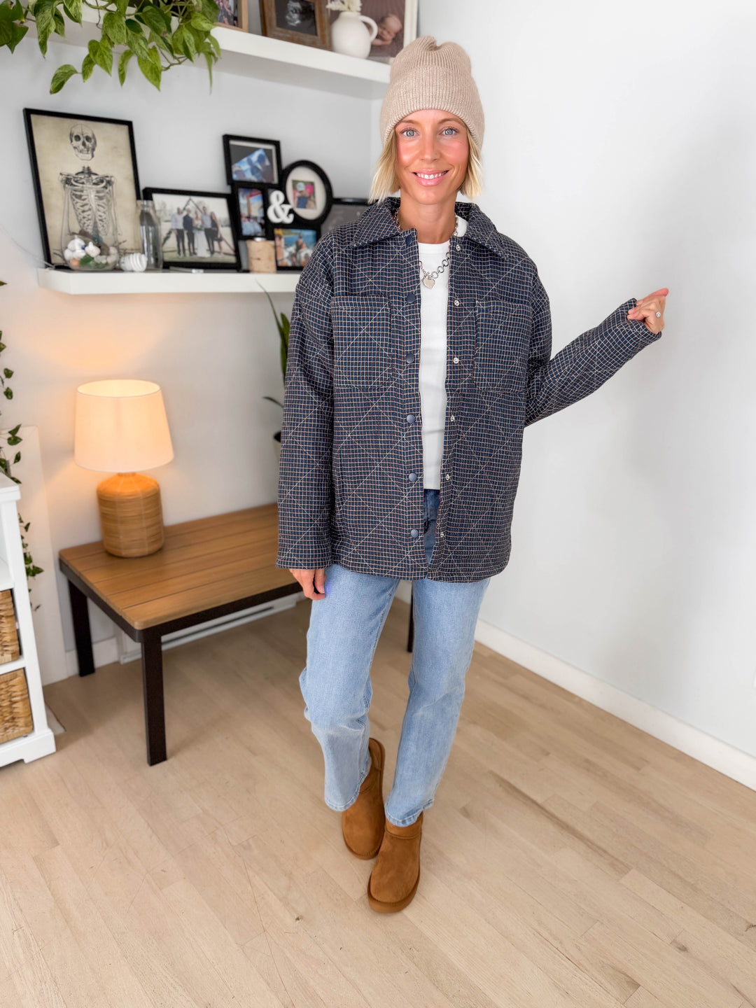 Cozywood Checker Print Puffer Shacket- TWILIGHT BLUE