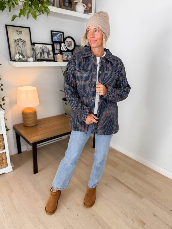 Cozywood Checker Print Puffer Shacket- TWILIGHT BLUE