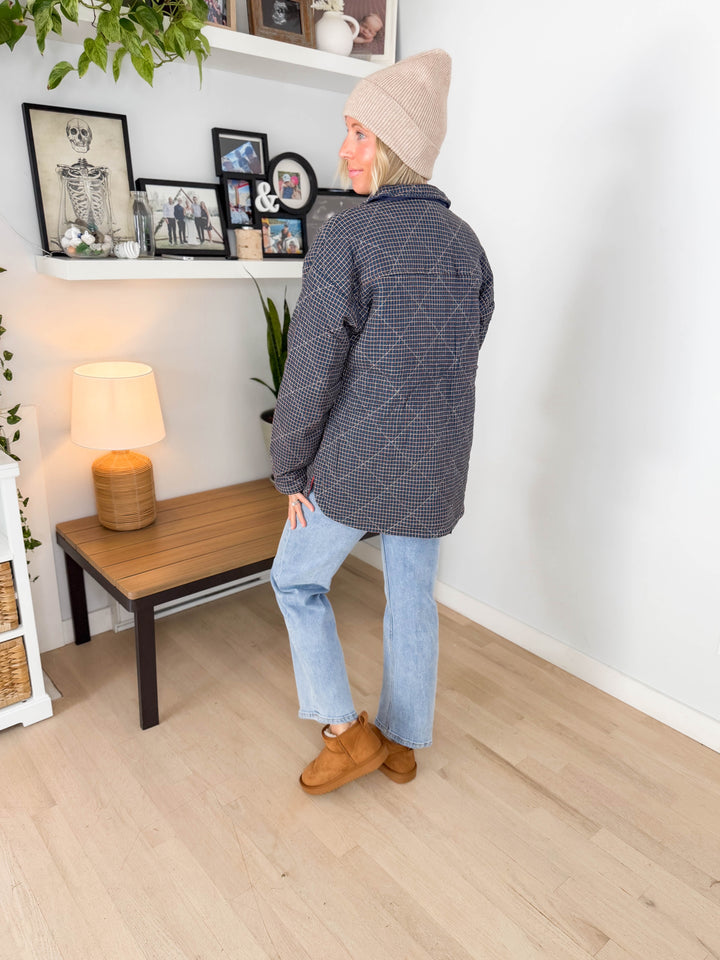 Cozywood Checker Print Puffer Shacket- TWILIGHT BLUE