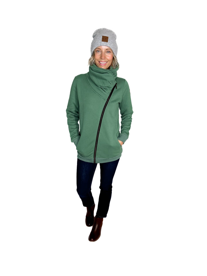 MICHELLE MAE Quinn Premium Cowl Neck Full Zip- FERN