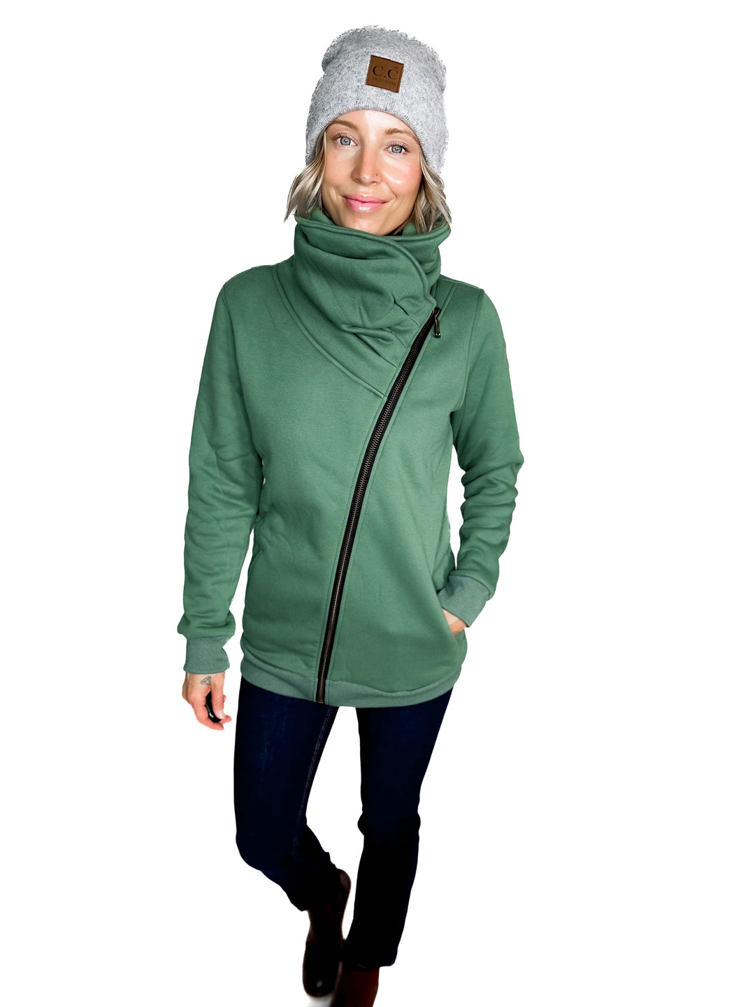 MICHELLE MAE Quinn Premium Cowl Neck Full Zip- FERN