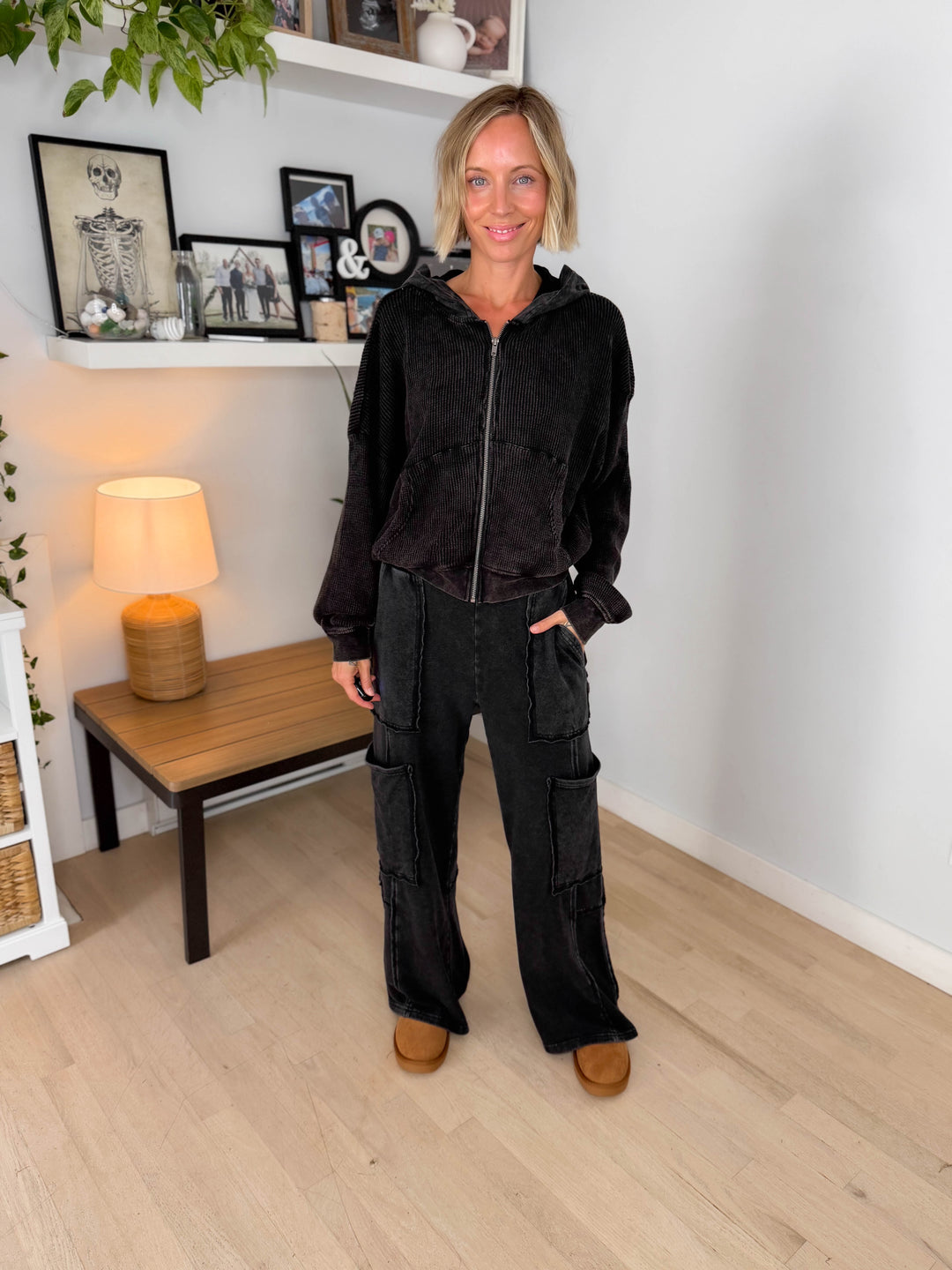 Tatum Washed Waffle Full Zip- BLACK