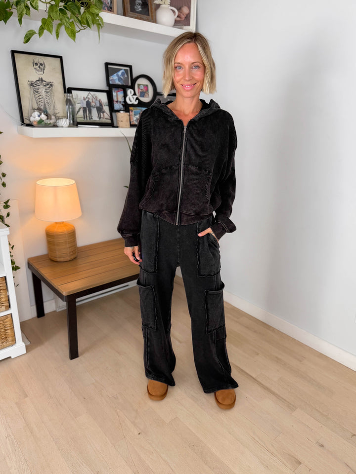 Tatum Washed Waffle Full Zip- BLACK