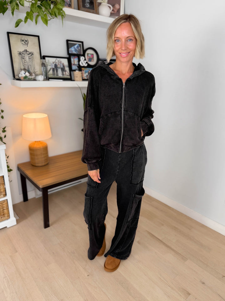 Tatum Washed Waffle Full Zip- BLACK