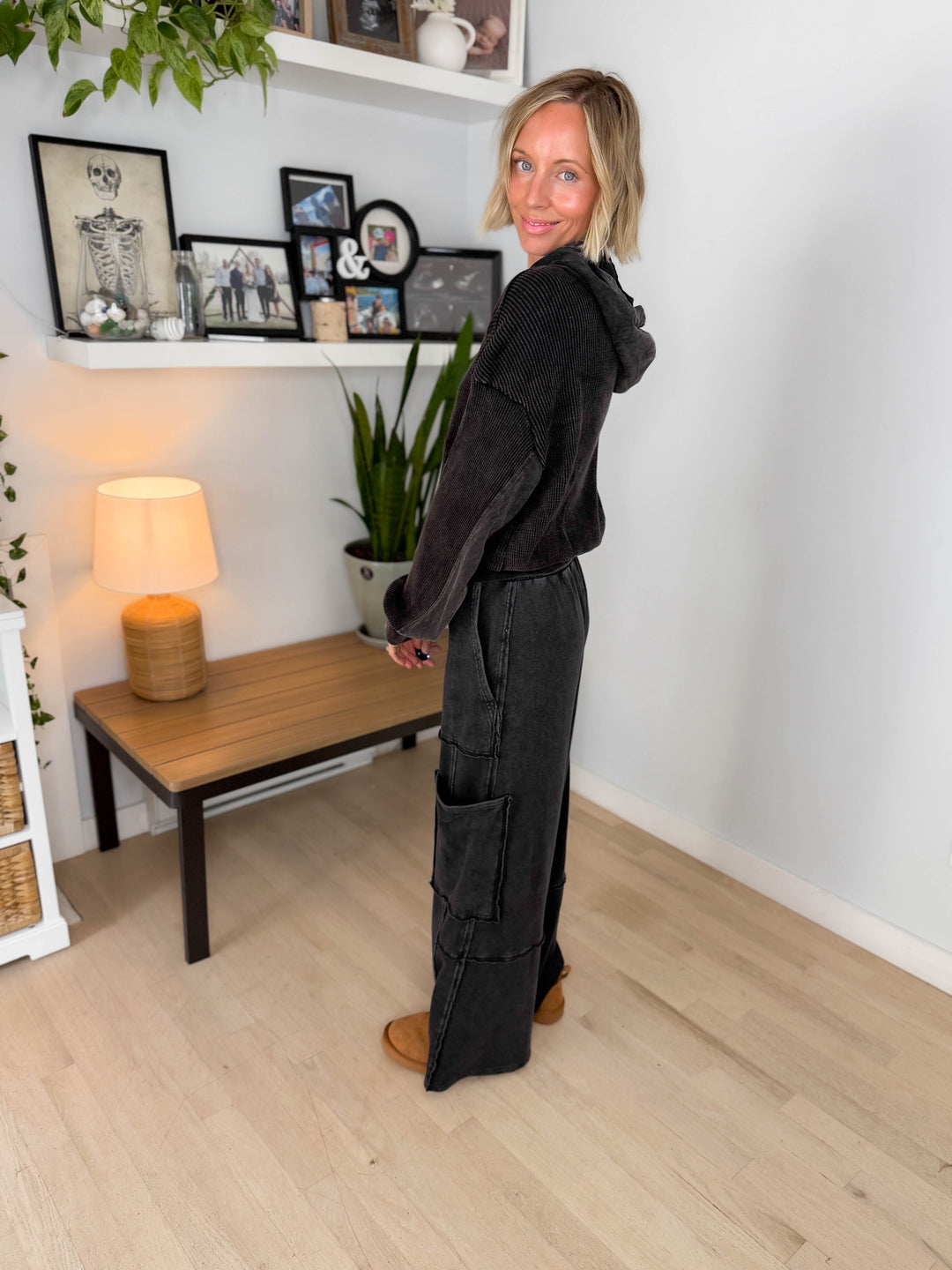 Tatum Washed Waffle Full Zip- BLACK