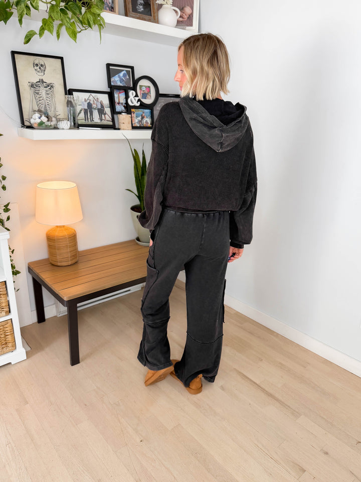 Tatum Washed Waffle Full Zip- BLACK