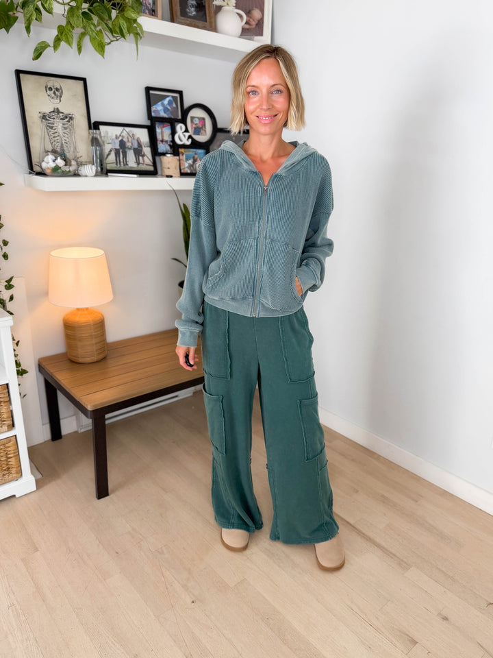 Tatum Washed Waffle Full Zip- DARK TEAL
