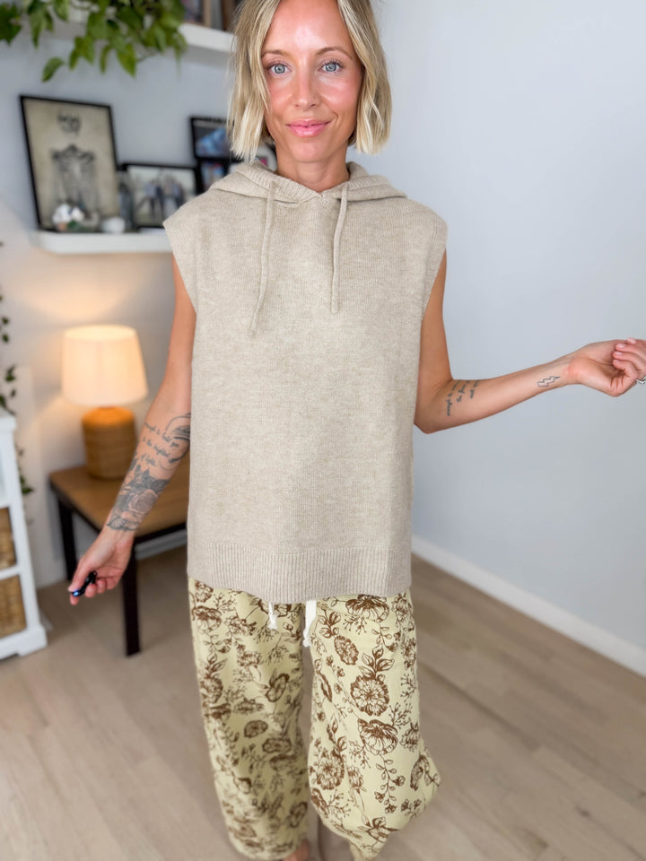Greer Sleevless Hooded Sweater- TAUPE