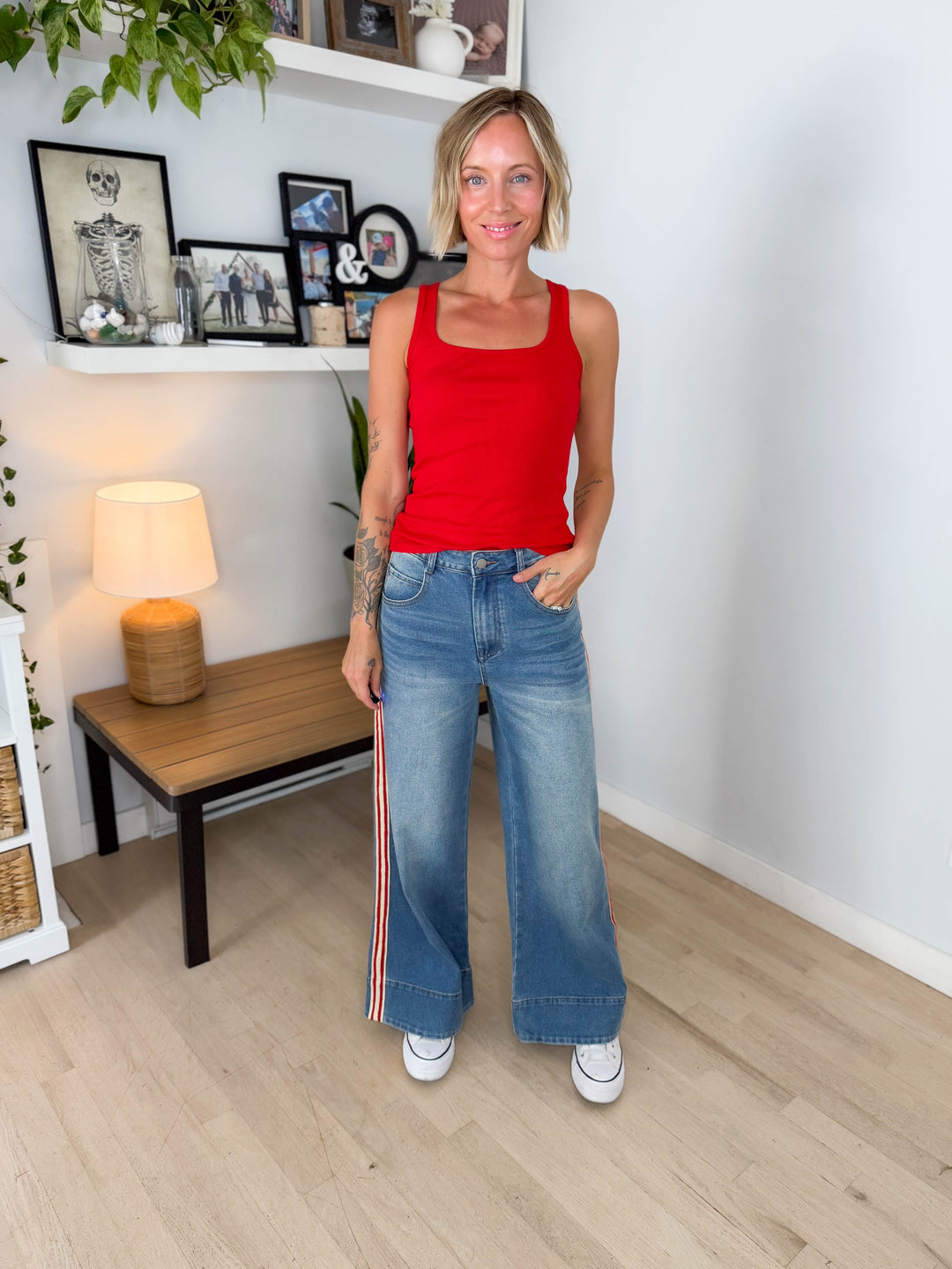 Messer Side Stripe Wide Leg Pant- DENIM