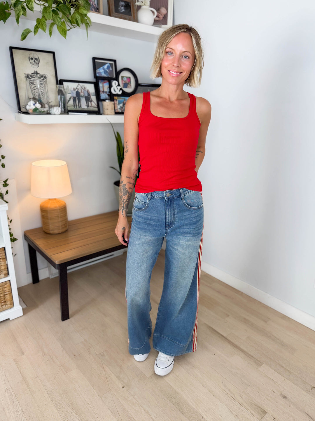 Messer Side Stripe Wide Leg Pant- DENIM